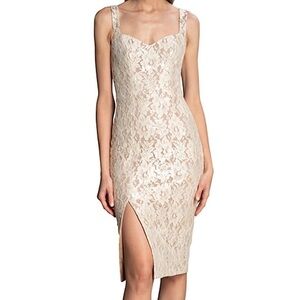 Dress The Population Cadence Sequin Floral Lace Cocktail Dress Off-White Nude L